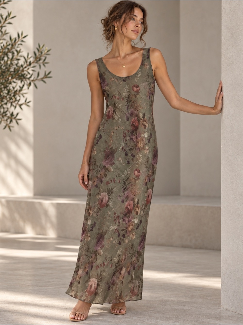 R&M Richards Floral Sleeveless Maxi Slip Dress Sage Mauve Romantic
